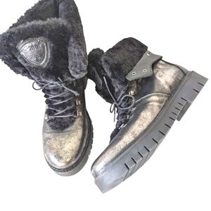 PAJAR Penny Faux Fur Trim Lace-Up Winter Combat Boots Women Size 10 Silver